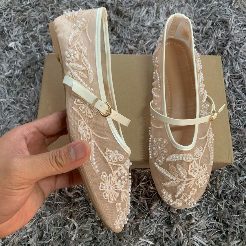 Embroidery Pearl Mesh Ballet Flats Women Fashion Hollow Round Toe Flat Sandals Elegant Comfortable Belt Buckle Mary Jane Shoes