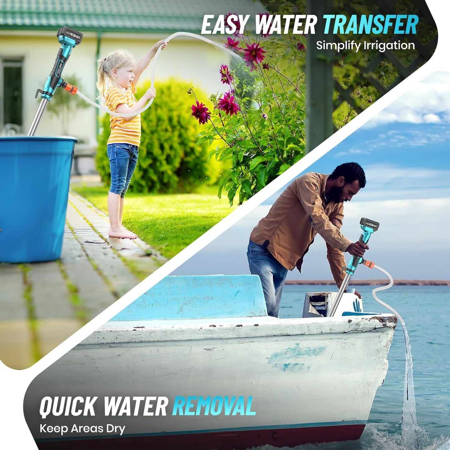 Seesii Cordless Stick Water Transfer Pump Handheld Portable Utility Sump Pump 3/4" Outlet for Pool/Garden/Pond/RV/Boat Draining