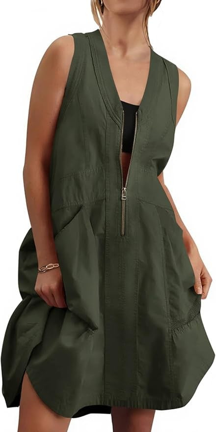 Fisoew Women's Sleeveless Mini Dress Half Zip V Neck Casual Mesh Back Summer Dress with Pockets sexy dress