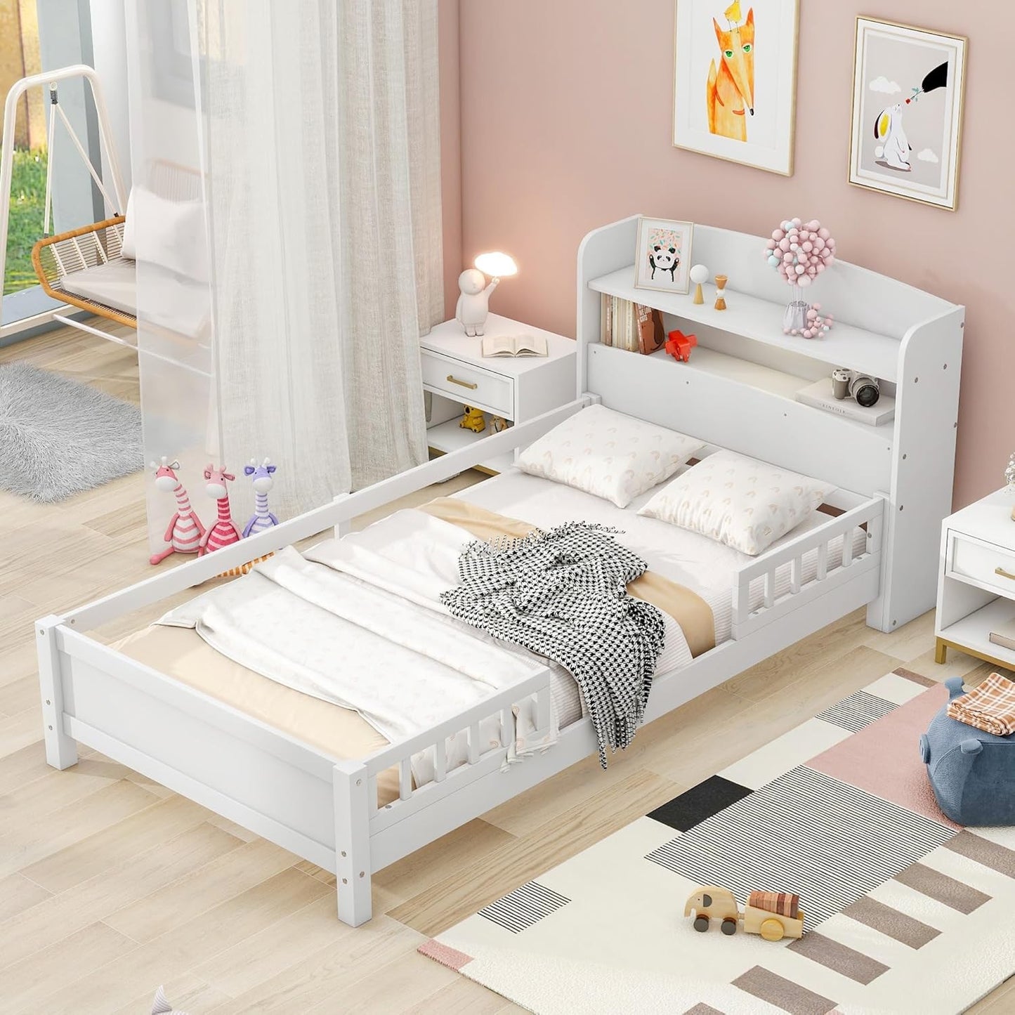 Estrutura de Cama de Solteiro com Cabeceira Armário, Branco - Cama Infantil de Madeira Maciça com Luz LED Embutida, Grade de Proteção e Estrado - 87L x 43
