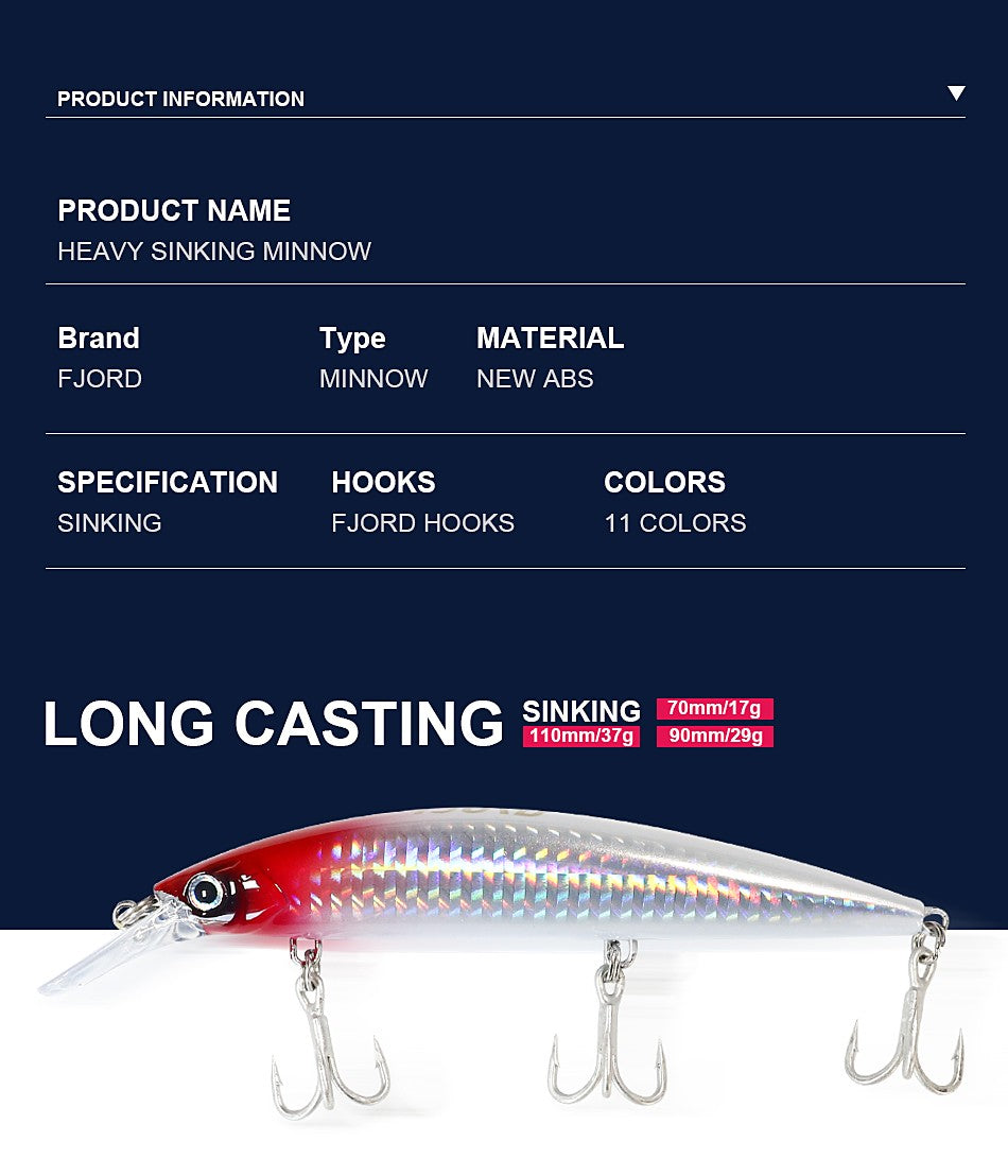 FJORD 110S 37g 90S 29g 70S 17g Heavy Sinking Minnow Fishing Lures Saltwater Freshwater Long Casting Sea Artificial Bait Jerkbait