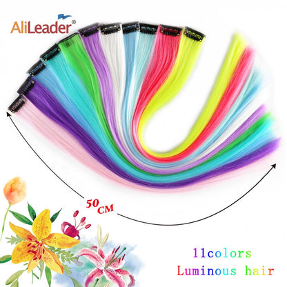 Glowing In The Dark Hair Extensions 20Inch 11Colors Synthetic Hair Clip In Luminous Colored Hairpieces Rainbow Hairpiece