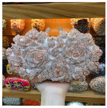 Golden Silver Luxury Crystals Evening Bags Fashion Rose Flower Diamonds Clutch Bags Soiree Purse Women Wedding Bride Handbags