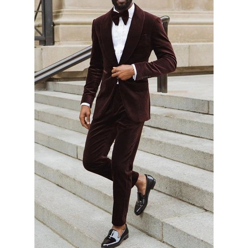 Brown Velvet Casual Suits Set For Men 2 Oieces (Blazer+Pants)  Shawl Lapel Elegant Wedding Tuxedos Autumn Male Outfit Clothing