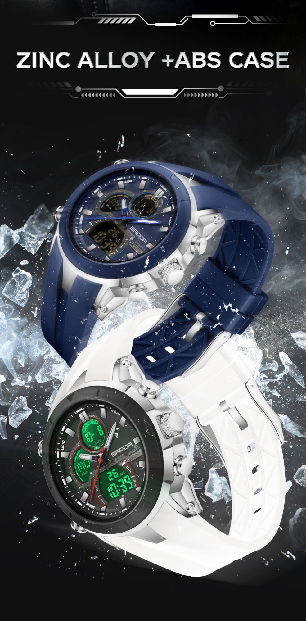 SANDA Mens Watches Countdown Waterproof Alarm Clock Wristwatch Multifunctional Luminous Men Quartz Digital Watch Alarm Clock