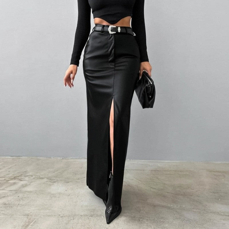 Women's Split Design Solid Color High Waist Pu Leather Skirt 2025 Spring Fall Office Lady Trendy Streetwear Long Skirts