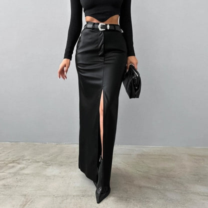 Women's Split Design Solid Color High Waist Pu Leather Skirt 2025 Spring Fall Office Lady Trendy Streetwear Long Skirts