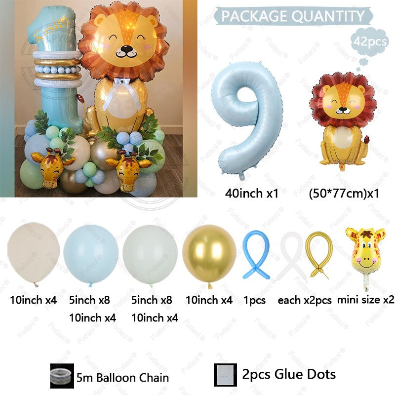 42pcs Mini Giraffe Sitting Lion Balloon 40 inch Baby Blue Number 1-9 Birthday Balloon Set Jungle Animal Theme Party Decoration