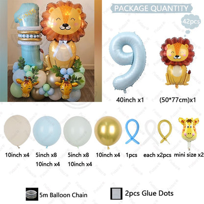 42pcs Mini Giraffe Sitting Lion Balloon 40 inch Baby Blue Number 1-9 Birthday Balloon Set Jungle Animal Theme Party Decoration