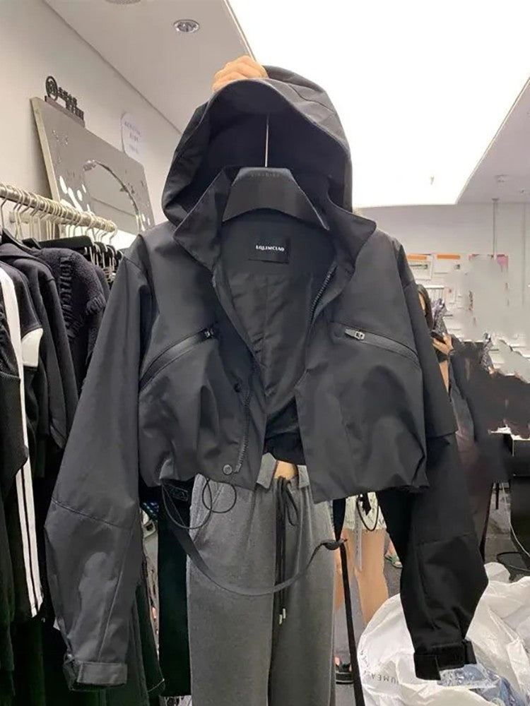 Fashion Short Hooded Jacket 2025 New Spring Black Loose Motorcycle Coats Female Street  Windbreak Short Basic Coat