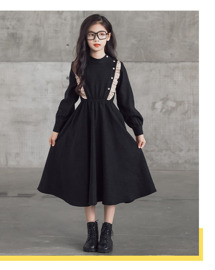 Girls' Dress New Style For  Children Stand Collar Waist-Cinching Slimming Mid-Length Dress Long Sleeve For Kids 5-12Y