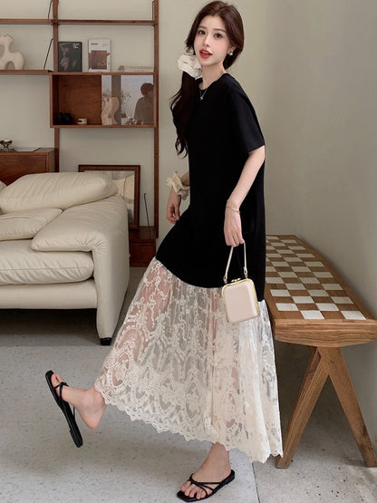 NYFS plus Size Women's Lave Patchwork Dress Summer 2025 Loose Long Dresses Robe Elbise Short Sleeve Korean Style Floral Hem