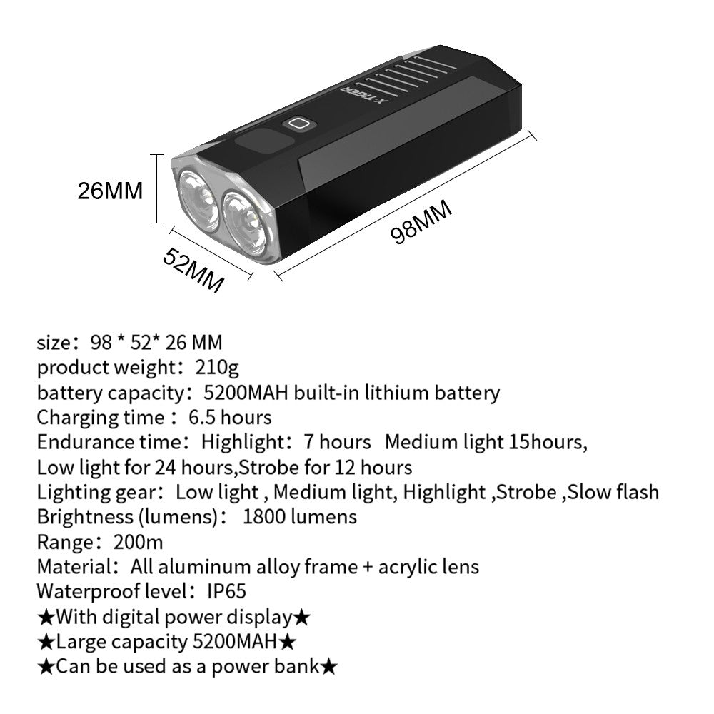 X-Tiger Bike Light Headlight Bicycle Lamp With Power Bank Rechargeable LED 5200mAh MTB Bicycle Light Flashlight Bike Accessories