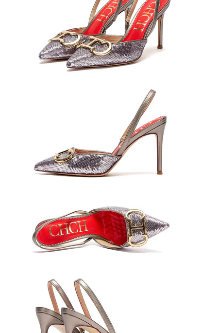 CHCH Salto Alto Feminino 2025 Ponta Fina Destiny Bico Fechado Salto com Tiras Sapatos de Festa Casamento Sexy 9cm