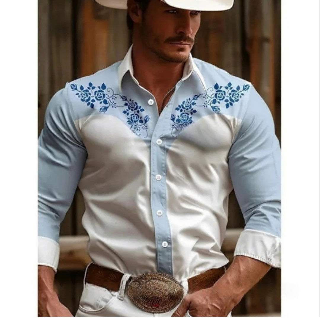 Men's retro western denim shirt, a must-have top for daily shopping, fashionable and casual lapel shirt, soft and comfortable