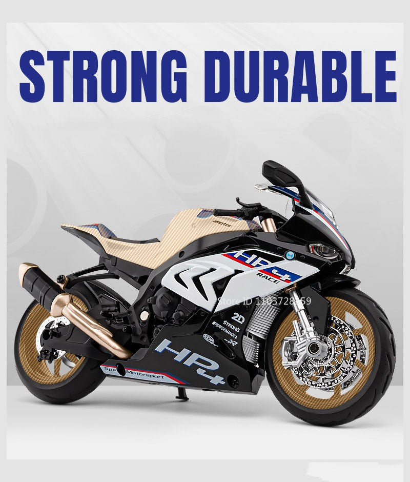 Miniaturas de Motocicletas de Brinquedo Modelo HP4 1:12 Liga Fundida com Som, Luz, Amortecimento, Pneus de Borracha, Enfeite, Presentes para Meninos