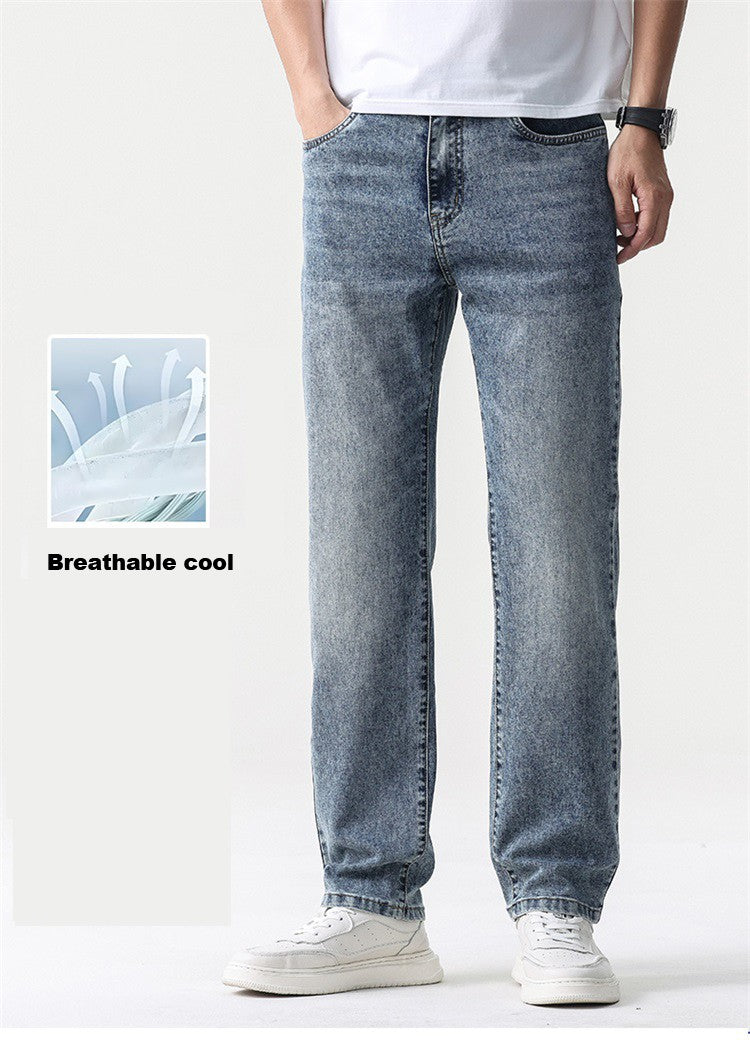 Calça Jeans Masculina Clássica Solta Reta Wide Leg de Sarja Lavada de Alta Qualidade Masculina Fina Fresca Elástica Masculina Casual de Caimento Regular
