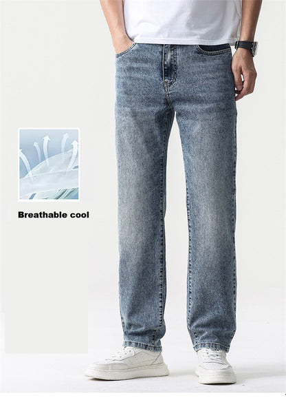 Calça Jeans Masculina Clássica Solta Reta Wide Leg de Sarja Lavada de Alta Qualidade Masculina Fina Fresca Elástica Masculina Casual de Caimento Regular
