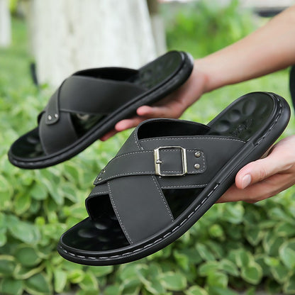 Men Summer Stylish Slippers Open-toe Soft-Soled Shoes Simple Solid Color Half Drag Slip-On Shoes Outdoor Man Comfortable Sandals