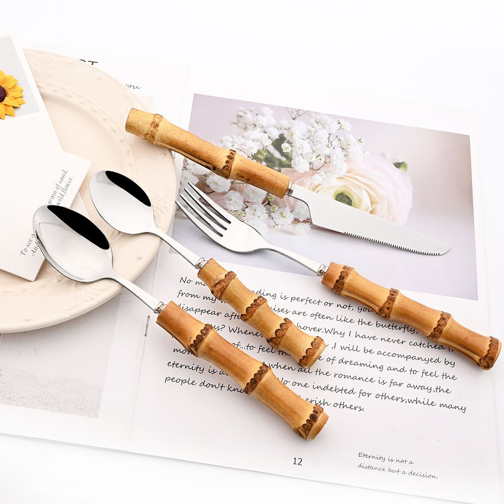 Drmfiy Teaspoon Dinnerware Set Stainless Steel 4/6/10Pcs Coffee Spoons Cutlery Set Kitchen Bamboo Handle Golden Tableware Set