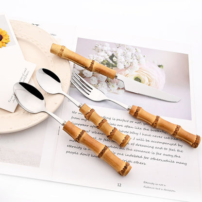 Drmfiy Teaspoon Dinnerware Set Stainless Steel 4/6/10Pcs Coffee Spoons Cutlery Set Kitchen Bamboo Handle Golden Tableware Set