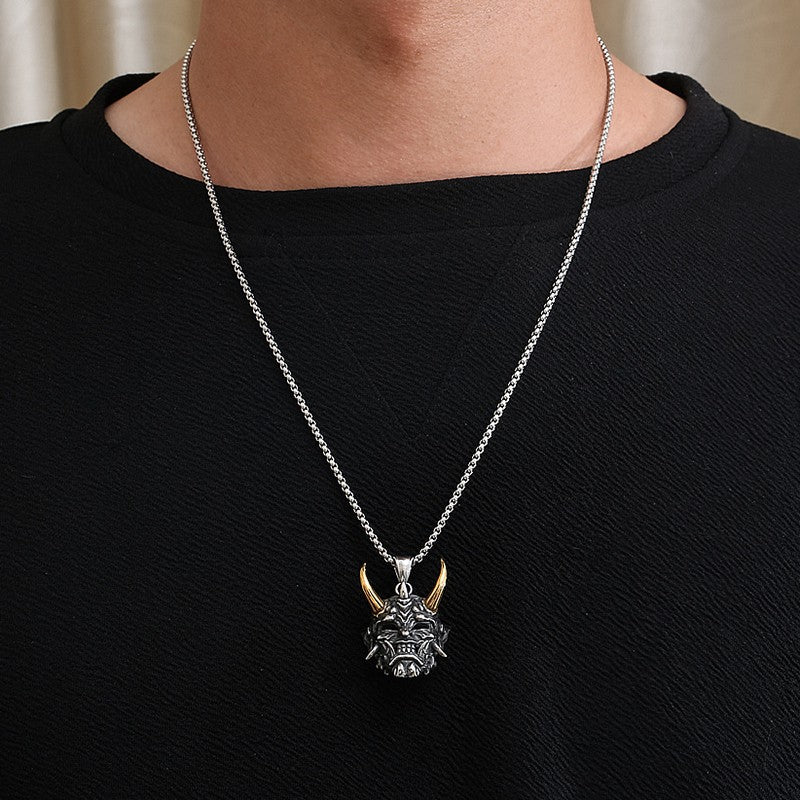 Gold Color Horn Ghost Mask Pendant Necklace For Men Retro Style Stainless Steel Neck Chain Silver Color Jewelry Halloween Gift
