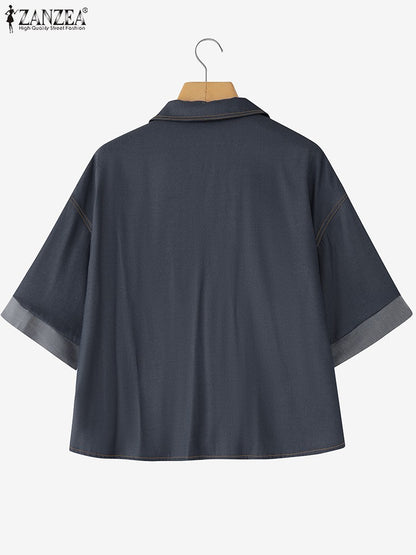 ZANZEA Denim Cardigan Shirts Women Elegant Office Blusas Casual Lapel Neck Outwears 2025 Half Sleeve Solid Color Fashion Tunic