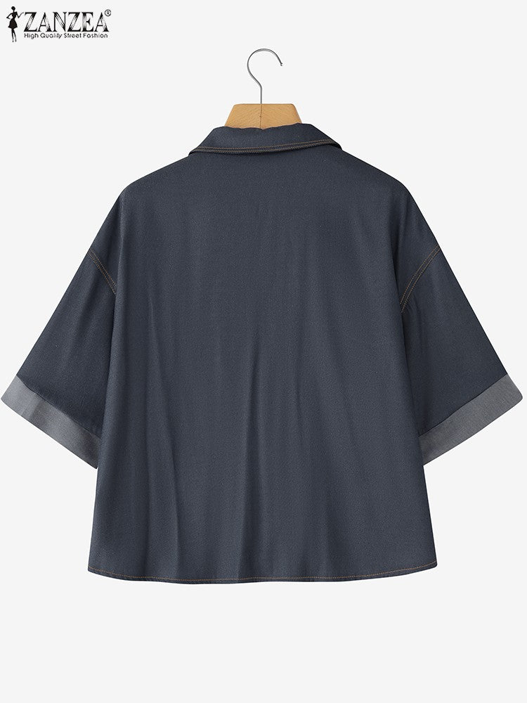 ZANZEA Denim Cardigan Shirts Women Elegant Office Blusas Casual Lapel Neck Outwears 2025 Half Sleeve Solid Color Fashion Tunic