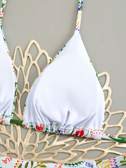 Sexy Cherry Print Triangle Brazilian Bikini Push Up Swimsuit 2 Piece String Bandage Bikinis Swimwear Women Thong Bathing Suit