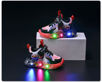 Boys Spiderman Sneakers Disney LED Children's Sport Shoes Fashion Anti-slip Kids Outdoor Shoes Student Design Pu Leather Shoes