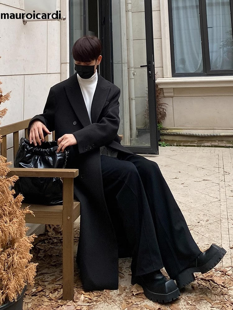 Mauroicardi Autumn Winter Long Warm Coffee Black Soft Woolen Coat Men Double Breasted Loose Casual Wool Blends Overcoat 2023