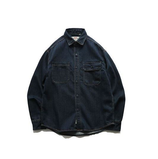 Camisa Jeans Listrada Americana Retrô de Trabalho Manga Longa Solta Casual Juventude Tendência Outono Passa Fácil
