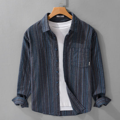 6158 Spring Fashion Japan Style Vintage Stripe Simple Cargo Shirt for Men Good Quality Cotton Long Sleeve Slim Fit Casual Blouse