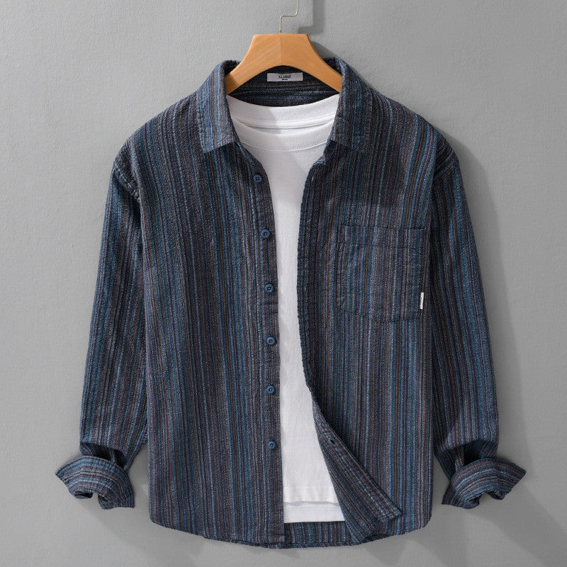 6158 Spring Fashion Japan Style Vintage Stripe Simple Cargo Shirt for Men Good Quality Cotton Long Sleeve Slim Fit Casual Blouse