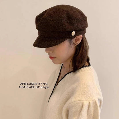 Korean Blogger Same Style Metal Button Autumn Winter Maillard Duck Bill Hat Woolen Newsboy Cap Eight Panel Hat for Women