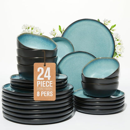 Conjunto de Jantar de Grés 24 Peças para 8 Pessoas Pratos e Tigelas com Esmalte Reativo Desenhado para Jantares de Feriado Festa de Ação de Graças Ho