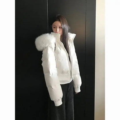 Winter Street Fashion Fur Collar White Zipper Hooded Short Jacket Women Casual Thicken Warm Coat Y2k Harajuku Sweet Outwear New