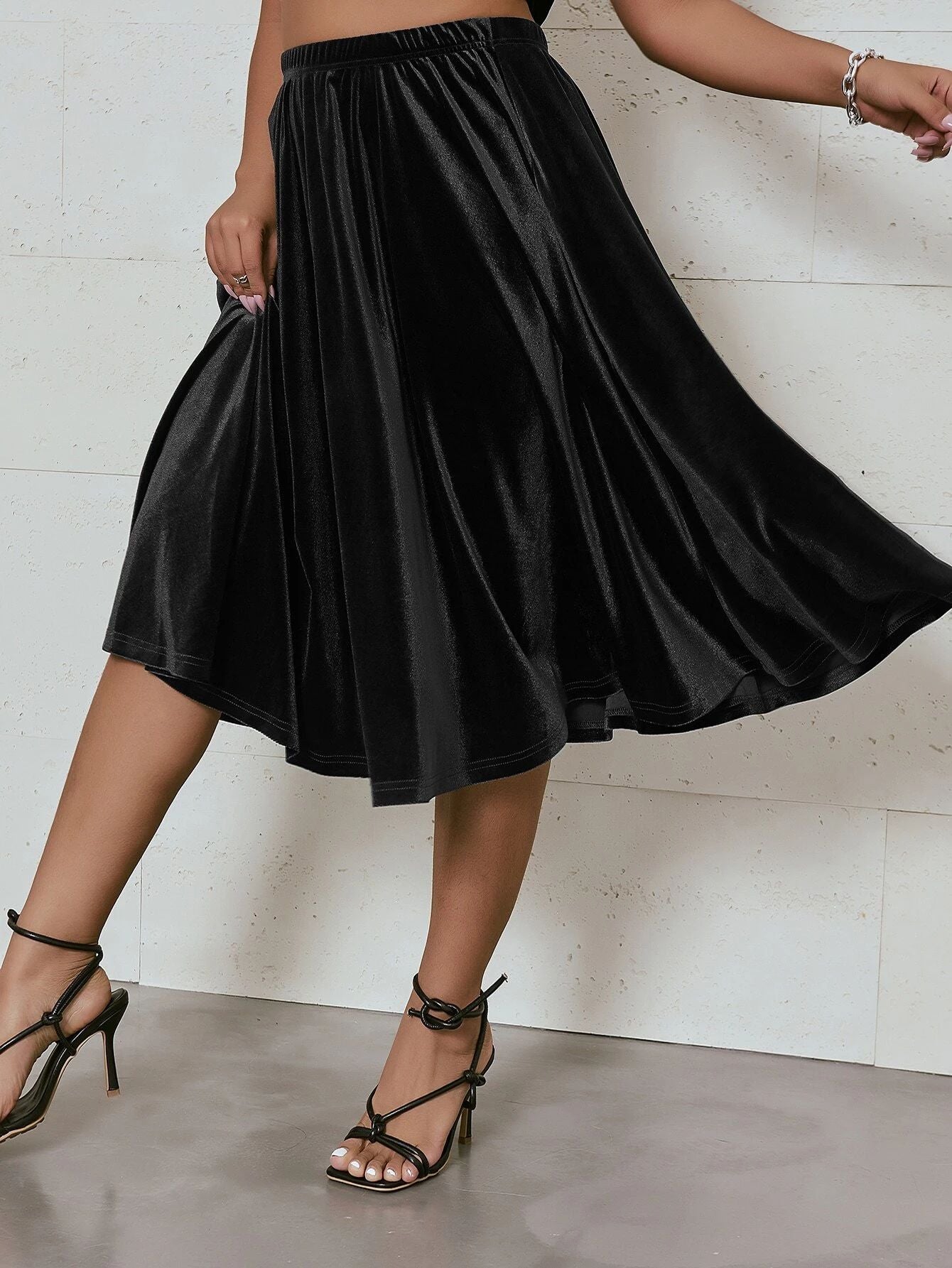 Plus Size High Elastic Waist Velvet Skirt Women Solid Black Spring Autumn Midi Party Skirt A-line Flare Skirt Large Size 6XL 7XL