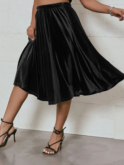 Plus Size High Elastic Waist Velvet Skirt Women Solid Black Spring Autumn Midi Party Skirt A-line Flare Skirt Large Size 6XL 7XL