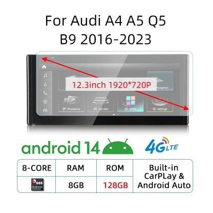 Tela sensível ao toque Android 14 Carplay de 12,3 polegadas para Audi A4 A5 Q5 B9 2016-2023, rádio estéreo de carro, reprodutor multimídia, Wi-Fi, 4G, navegação GPS