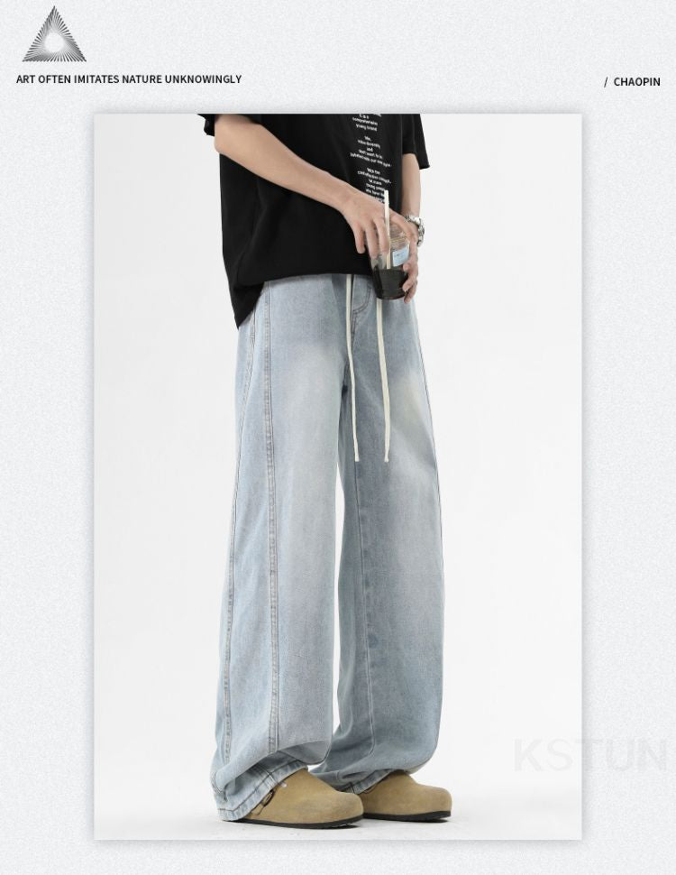 KSTUN Light Blue Jeans Men Straight Loose Mens Baggy Pants Elastic Wasit Wide Leg Jeans Vintage Washed Large Size Spring 2026