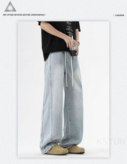 KSTUN Light Blue Jeans Men Straight Loose Mens Baggy Pants Elastic Wasit Wide Leg Jeans Vintage Washed Large Size Spring 2026