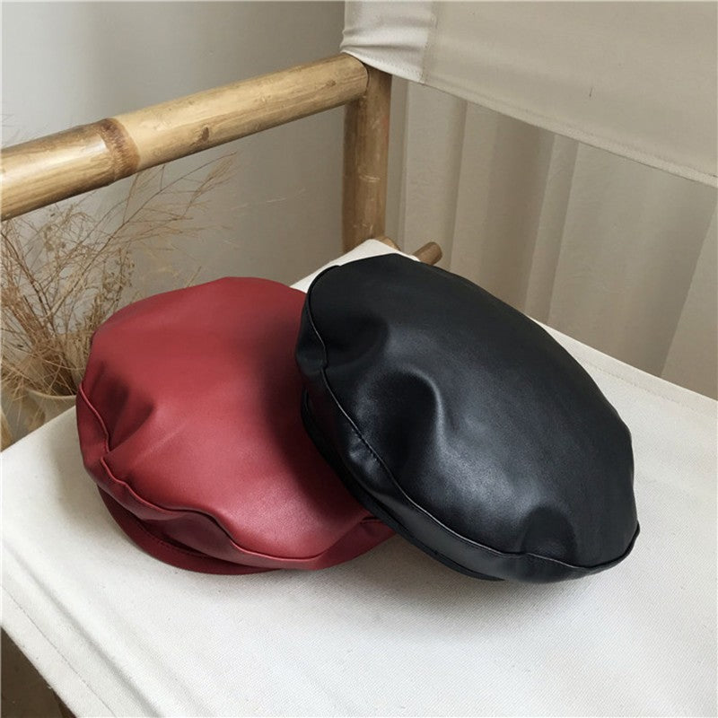 Women Girl Beret Hat French Retro Artist Beanie Hat Elegant Solid Color PU Leather Lady Painter Cap Spring Autumn Lady Berets