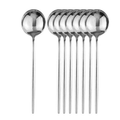 8 colheres de mesa de jantar, talheres de aço inoxidável, prateado, talheres dourados, utensílios de cozinha, talheres pretos.