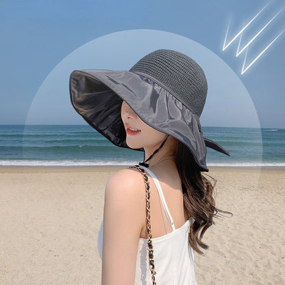 Summer Sun hat women's straw woven anti ultraviolet sun visor hat with big brim seaside black glue breathable Bucket hat sun hat