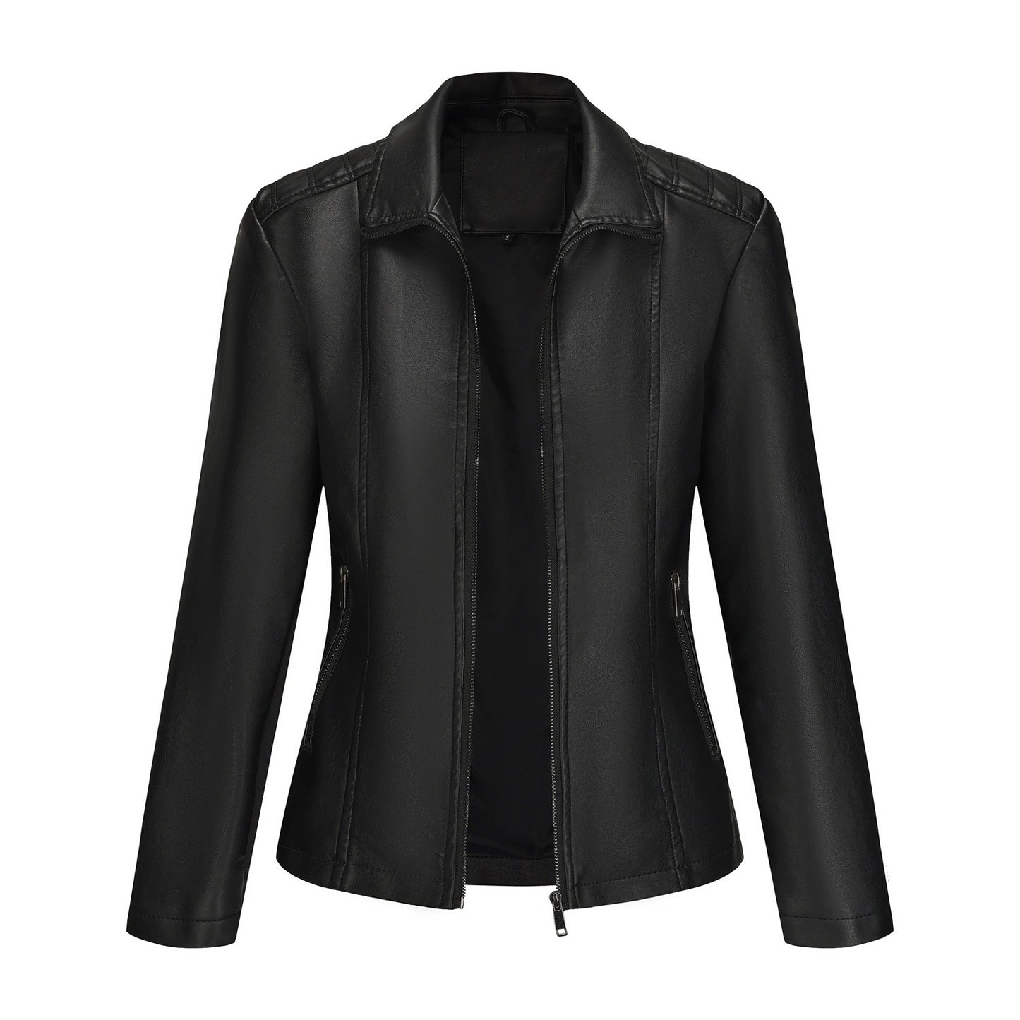 2025 Women’s Stylish Brown Faux Leather Jacket - Slim Fit, Trendy Moto Style with Zipper Detail PU Coat.