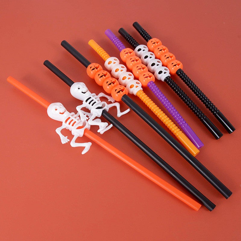 5Pcs Halloween Straws Reusable Plastic Pumpkin Skull Straw 2025 Halloween Bar Party Decoration Supplies Beverage Ornaments