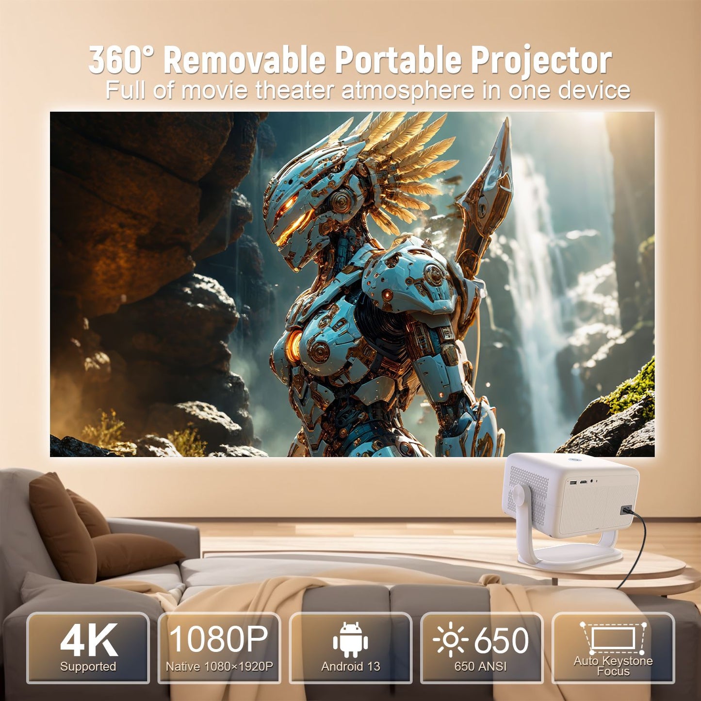 Projetor Velec Compatível com Netflix Android 13 4K Nativo 1080P 650ANSI Com Foco Automático Wifi6 BT5.2 Projetor Doméstico e Externo