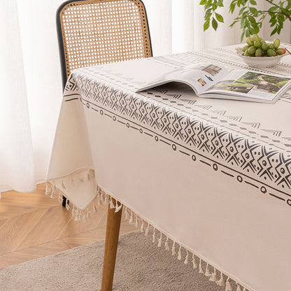 Vintage Boho Tassel Table Cloth Waterproof Cotton Linen Bohemian Tablecloth Patio Outdoor Wrinkle Free Table Protector Covers