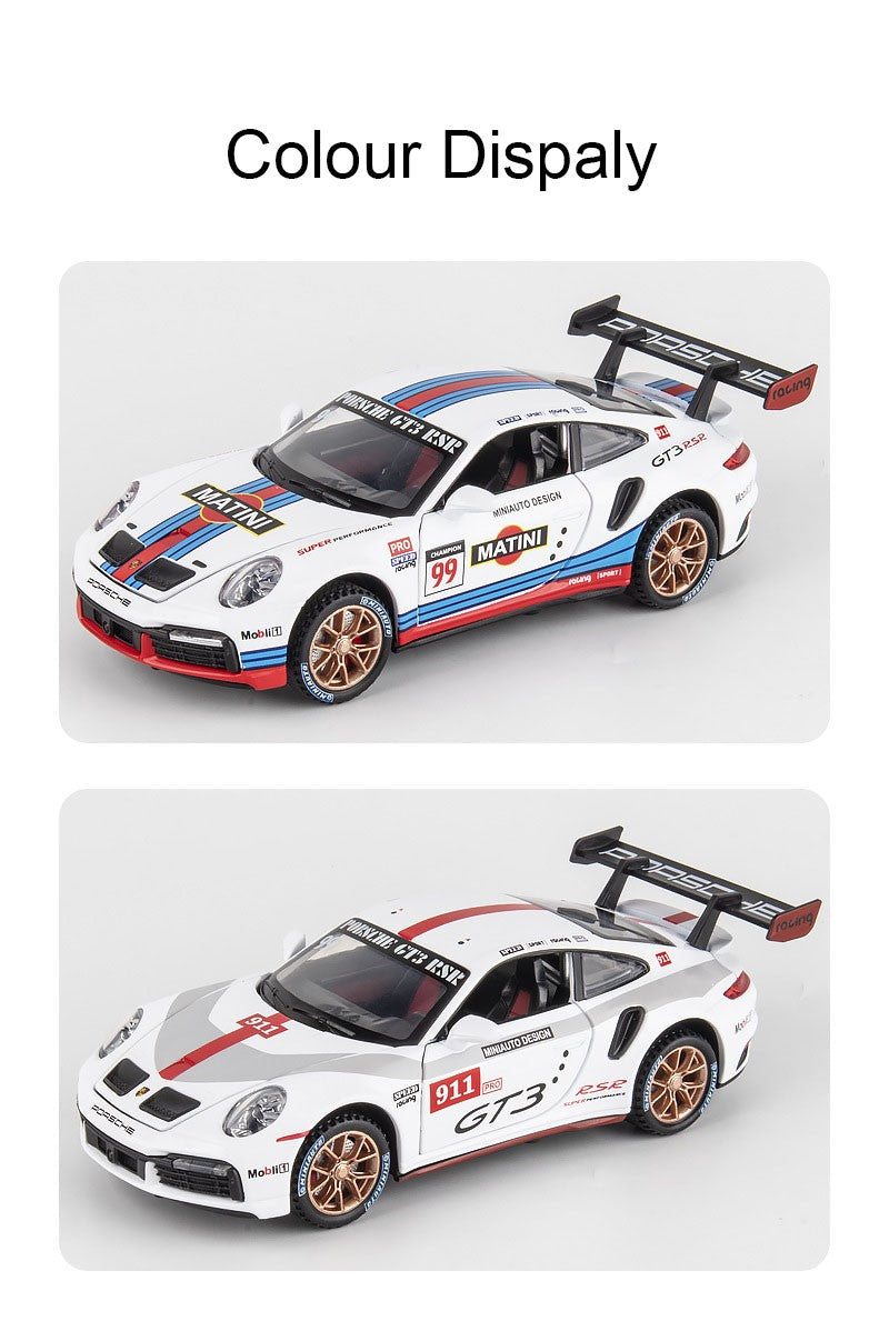 1:32 911 GT3 RSR Miniature Sports Car Model Toys Alloy Diecast Vehicles 4 Doors Opened Pull Back Sound Light Supercar Boys Gifts
